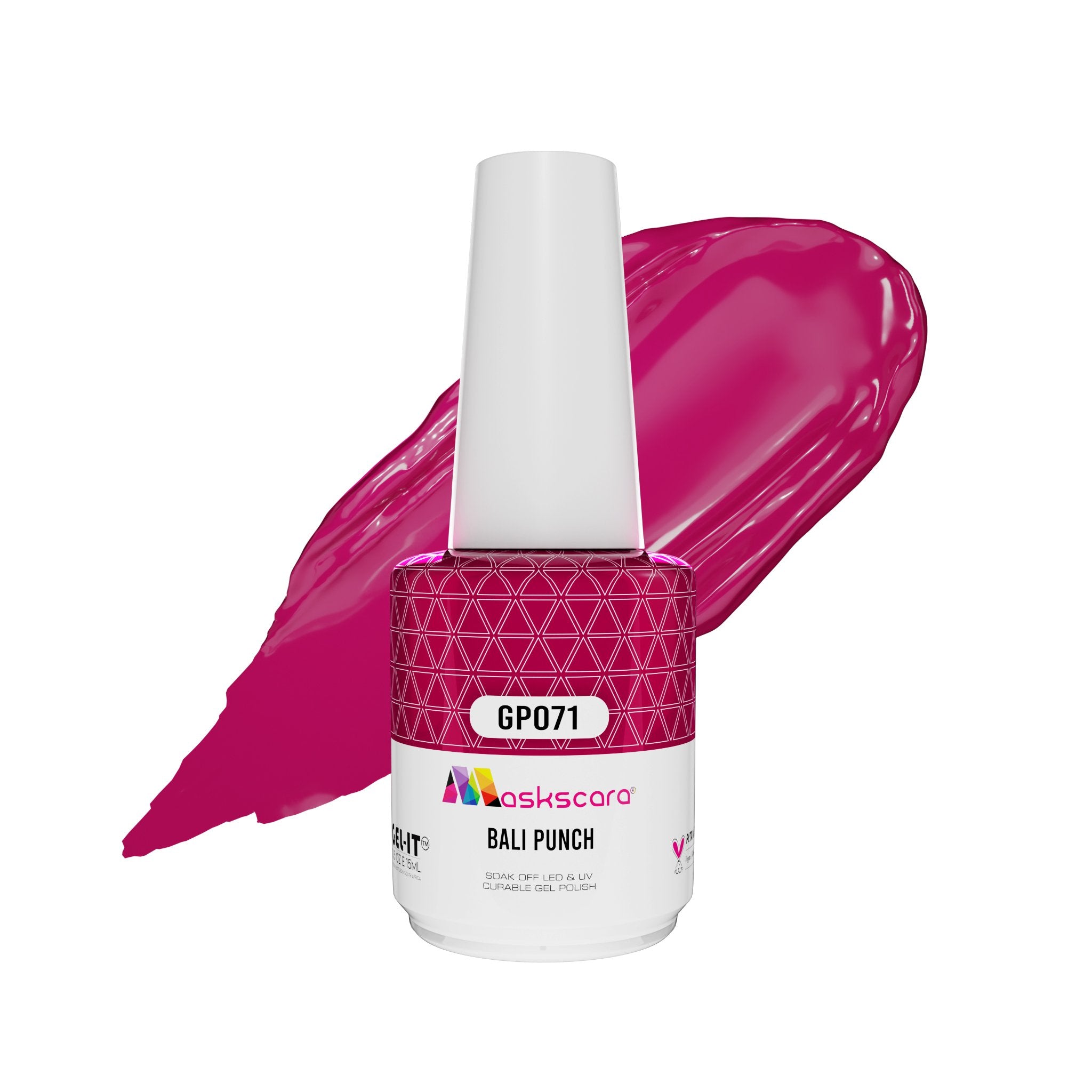 <img scr = “ GP071 Bali Punch.jpeg” alt = “Fuchsia gel polish colour by the brand Maskscara”>