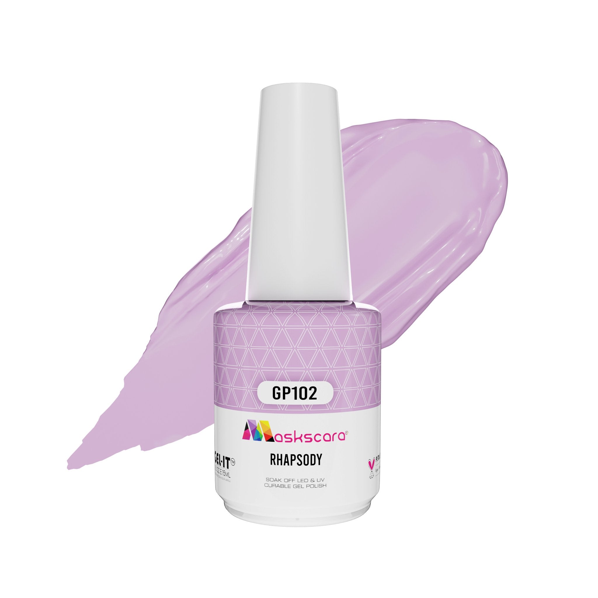 <img scr = “ GP102 Rhapsody.jpeg” alt = “Patel Lilac gel polish colour by the brand Maskscara”>