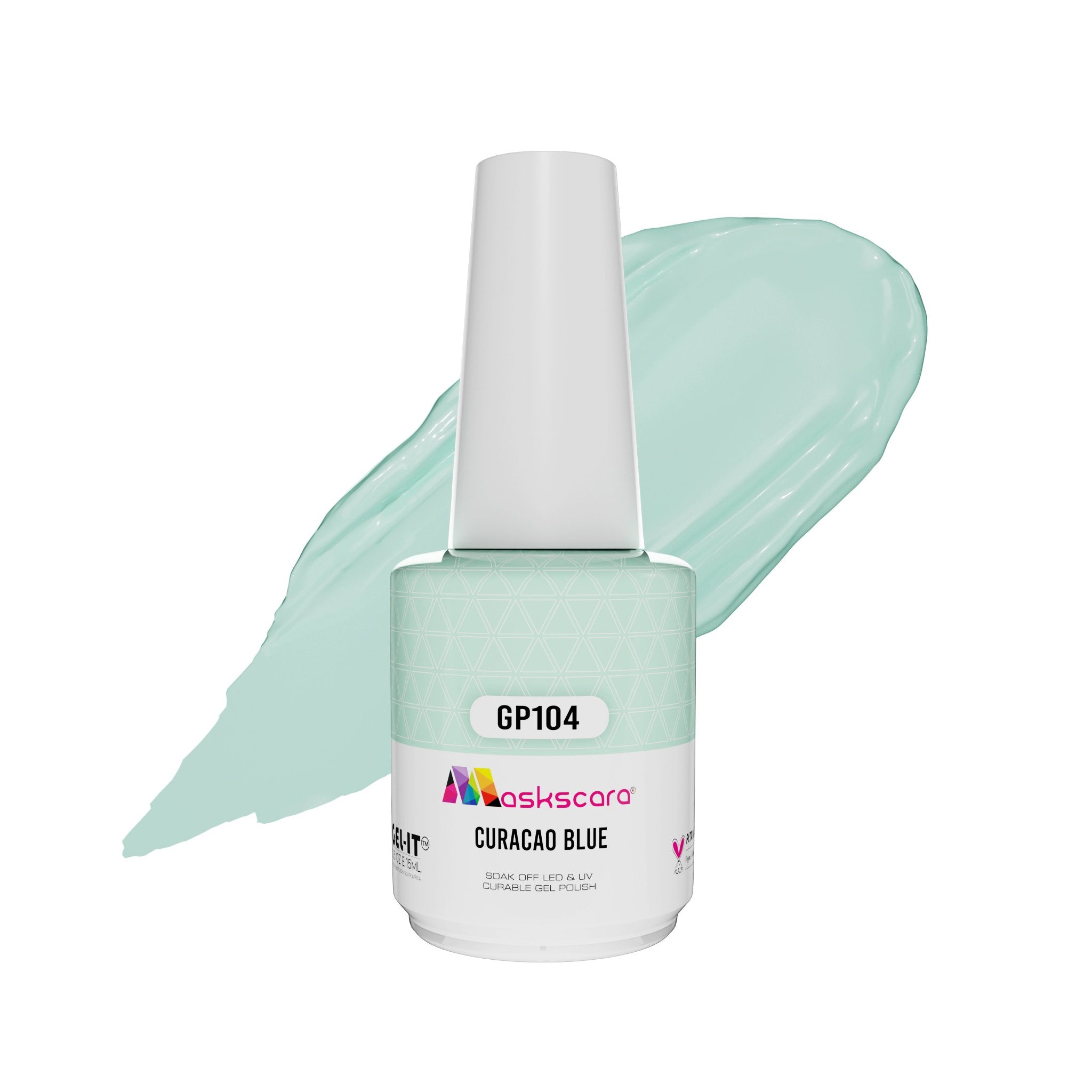 <img scr = “ GP104 Curacao Blue.jpeg” alt = “Pastel Blue gel polish colour by the brand Maskscara”>