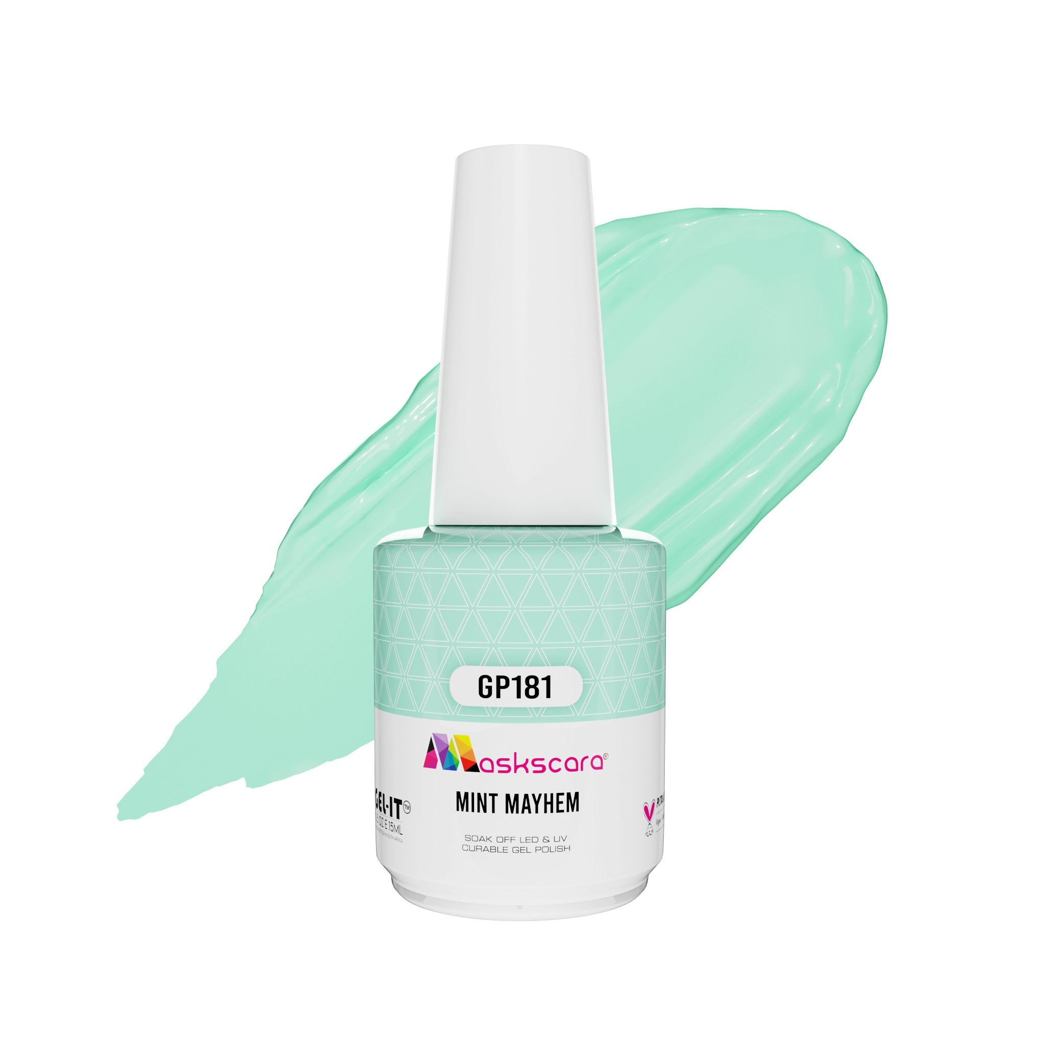 <img scr = “ GP181 Mint Mayhem.jpeg” alt = “Lightest Pastel Mint gel polish colour by the brand Maskscara”>