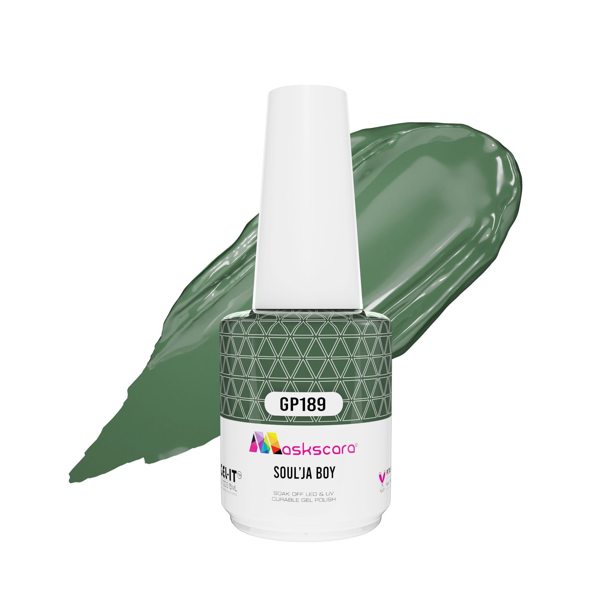 <img scr = “ GP189 Soul'ja Boy.jpeg” alt = “Khaki Green gel polish colour by the brand Maskscara”>
