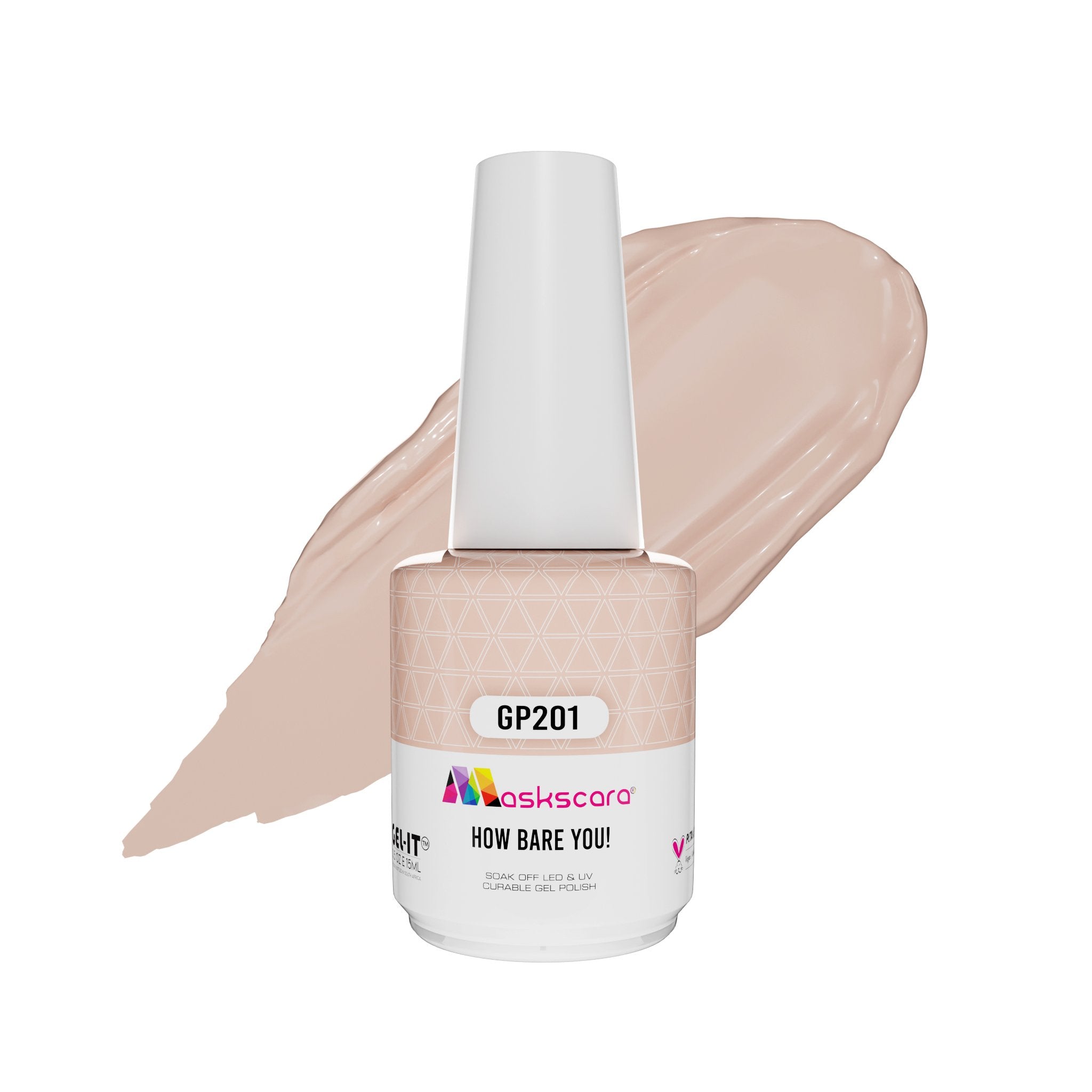 <img scr = “ GP201 How Bare You!.jpeg” alt = “Neutral Nude gel polish colour by the brand Maskscara”>