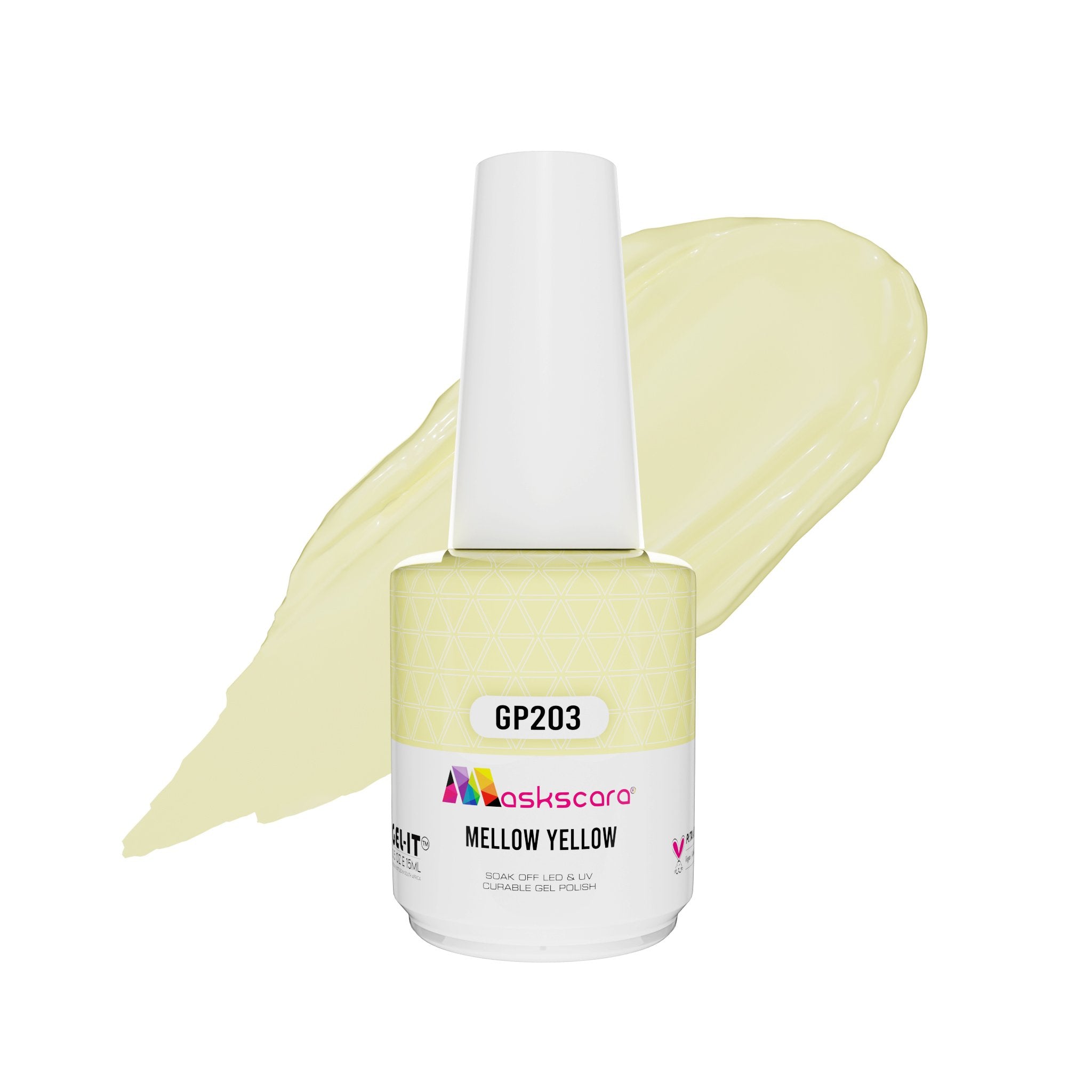 <img scr = “ GP203 Mellow Yellow.jpeg” alt = “Milky Pastel Yellow gel polish colour by the brand Maskscara”>