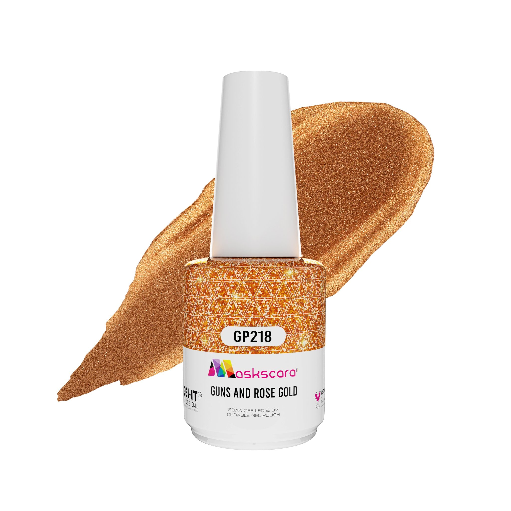 <img scr = “ GP218 "Guns & Rose Gold.jpeg” alt = “Rose Gold gel polish colour by the brand Maskscara”>