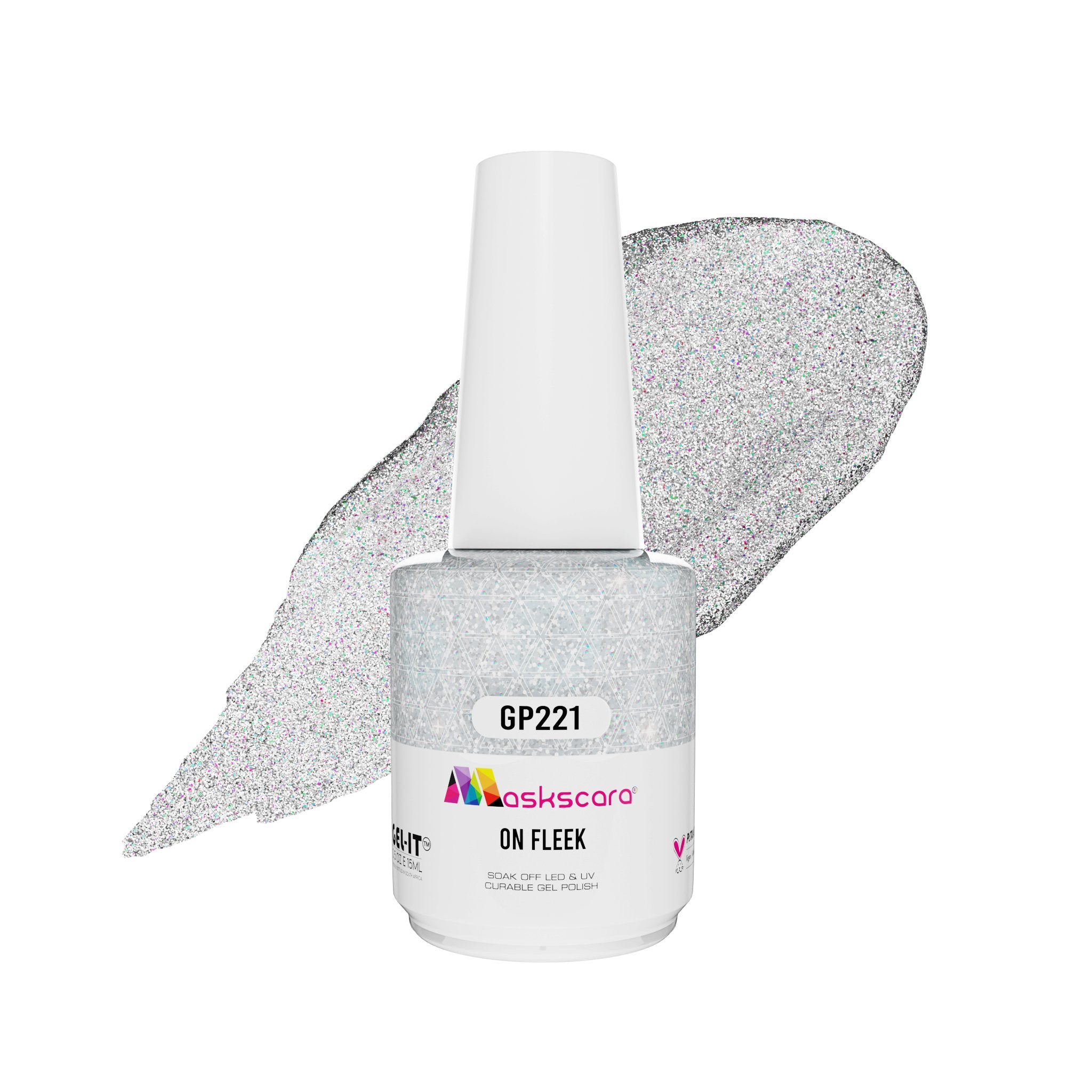 <img scr = “ GP221 On Fleek.jpeg” alt = “Diamond Sliver Glitter gel polish colour by the brand Maskscara”>