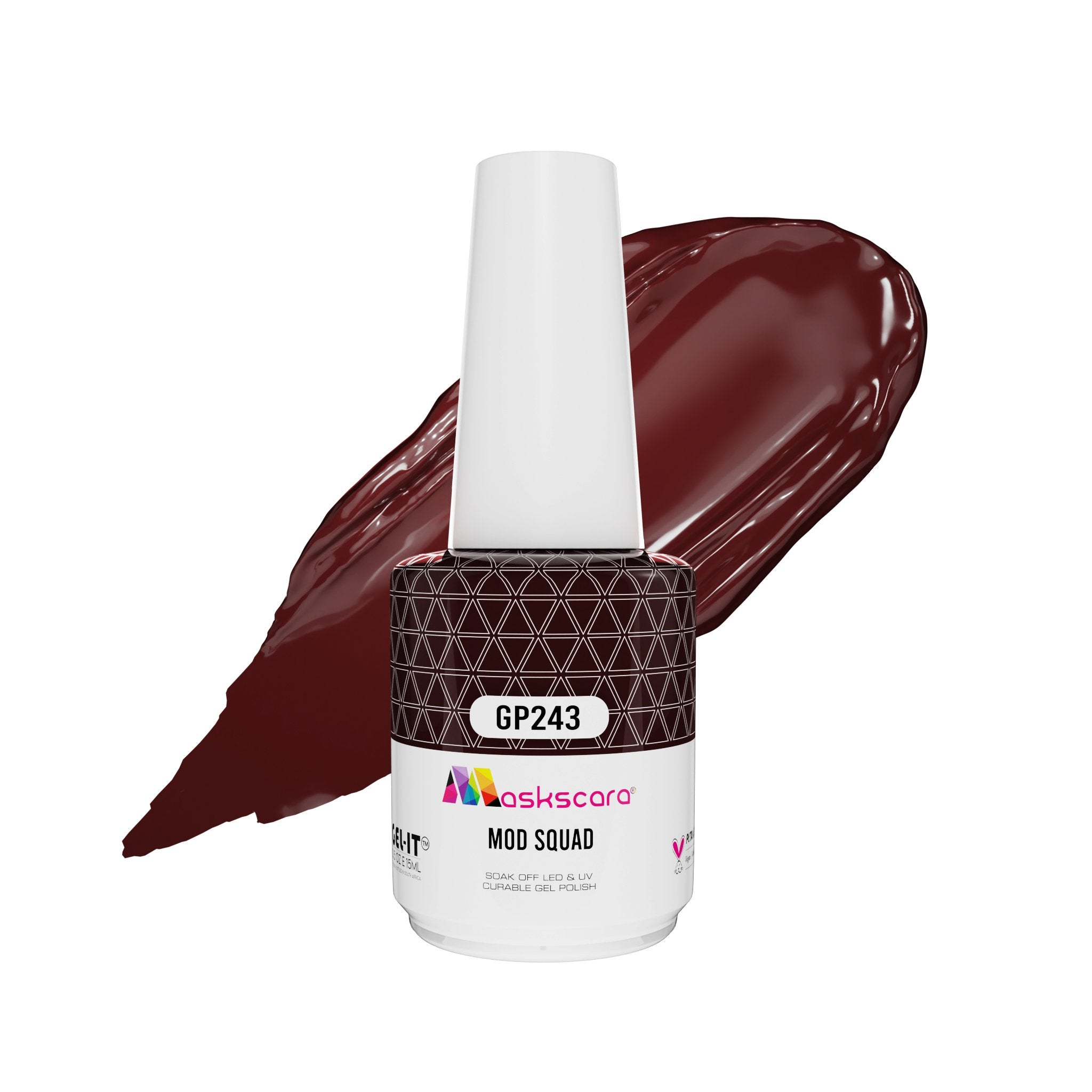 <img scr = “ GP243 Mod Squad.jpeg” alt = “Burgundy Red gel polish colour by the brand Maskscara”>