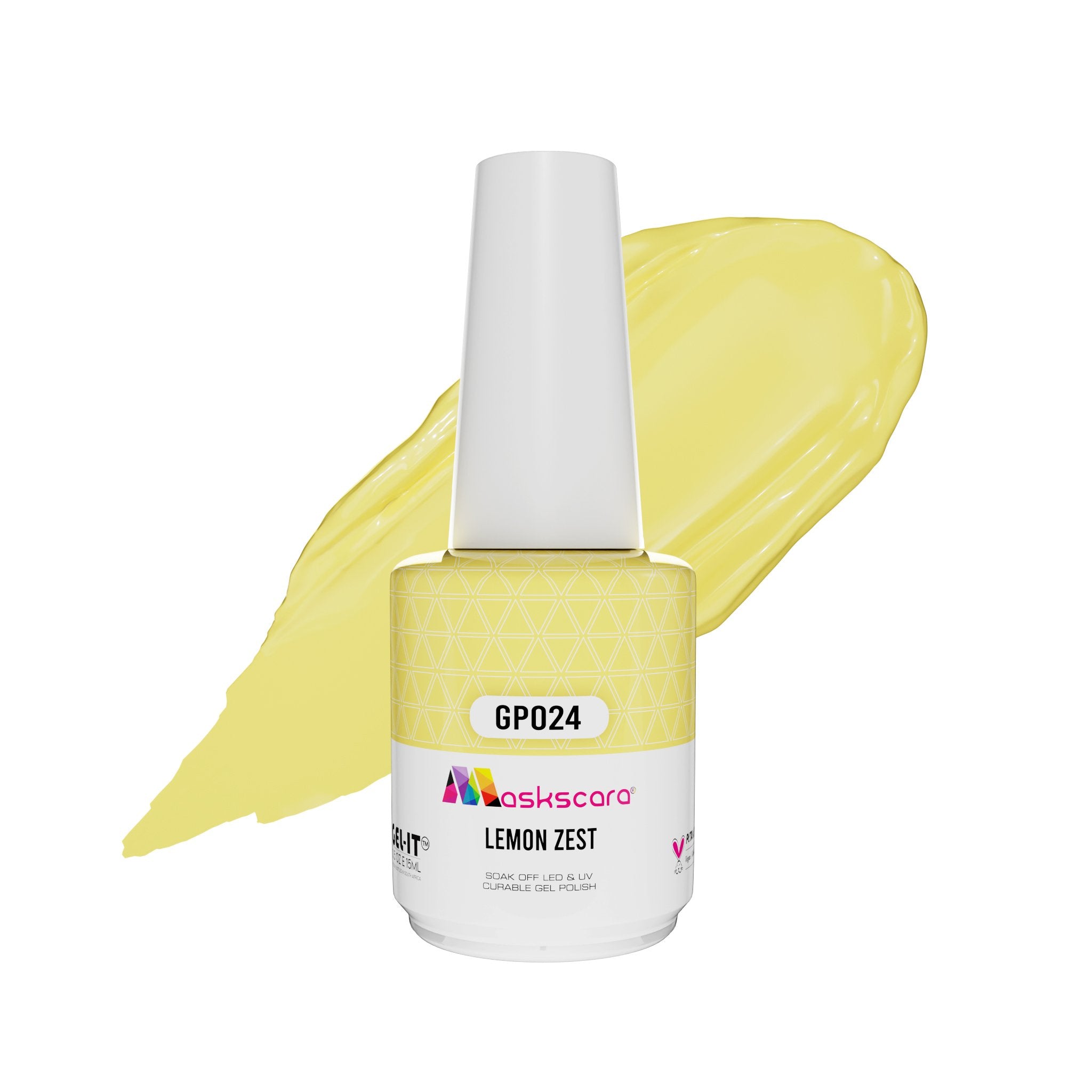<img scr = “ GP024 Lemon Zest.jpeg” alt = “Pastel Yellow gel polish colour by the brand Maskscara”>