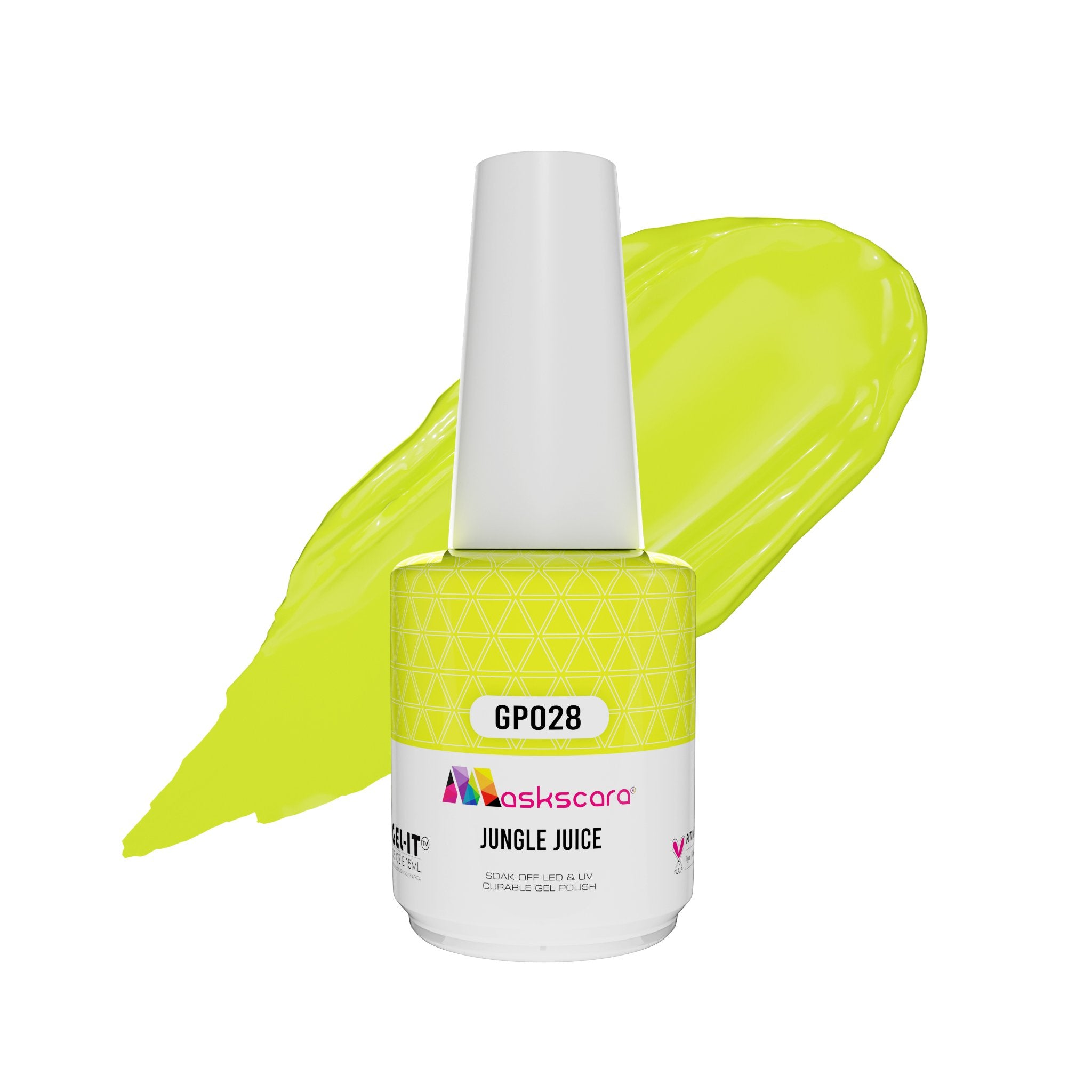 <img scr = “ GP028 Jungle Juice.jpeg” alt = “Neon Yellow gel polish colour by the brand Maskscara”>