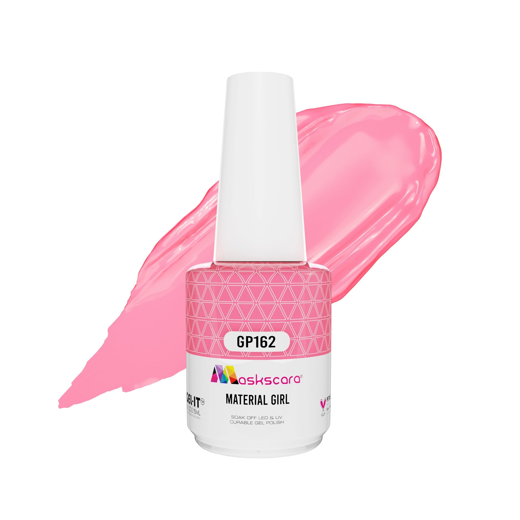 <img scr = “ GP162 Material Girl.jpeg” alt = “Neon Bright Pink gel polish colour by the brand Maskscara”>