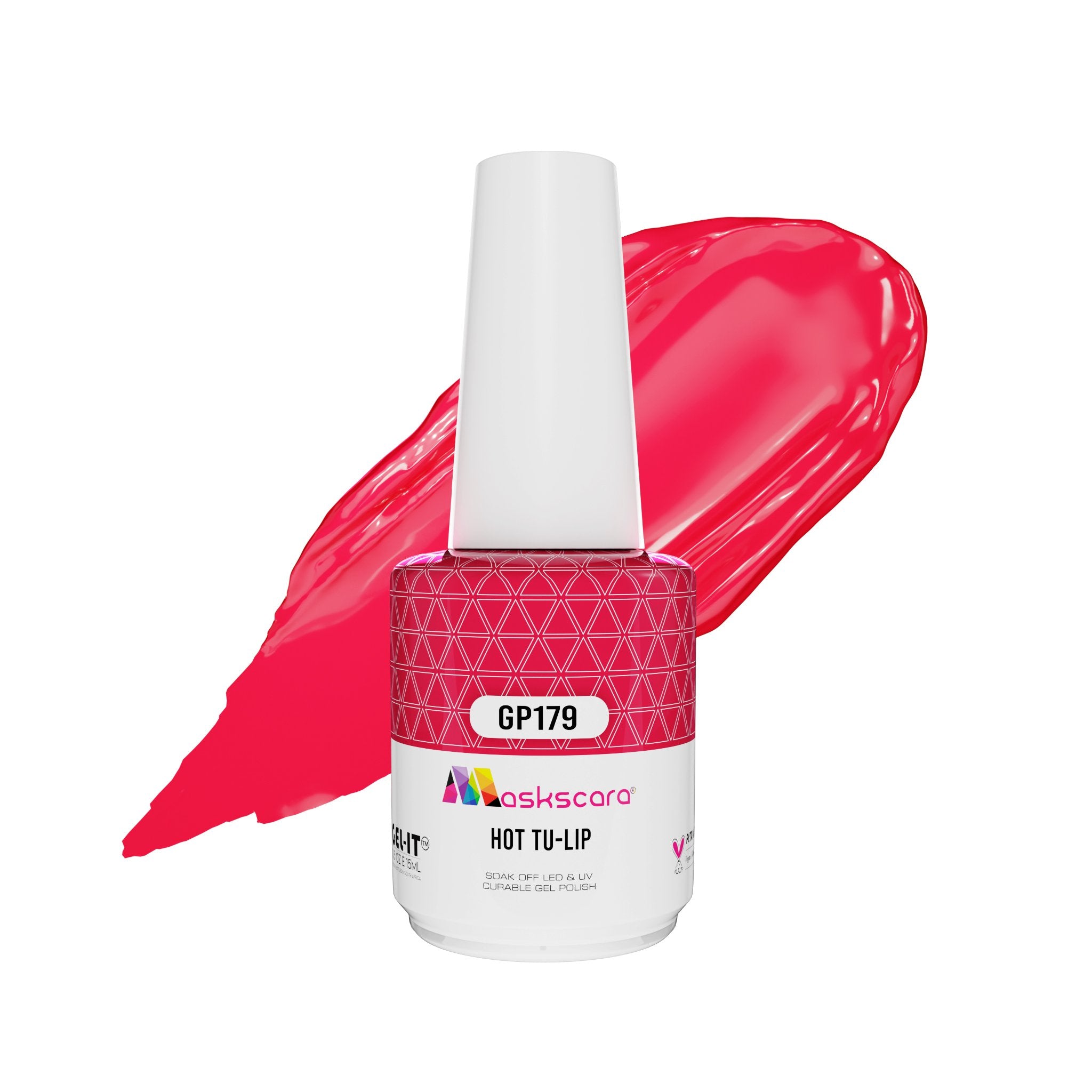<img scr = “ GP179 Hot Tu-Lip.jpeg” alt = “Bright Watermelon Pink gel polish colour by the brand Maskscara”>