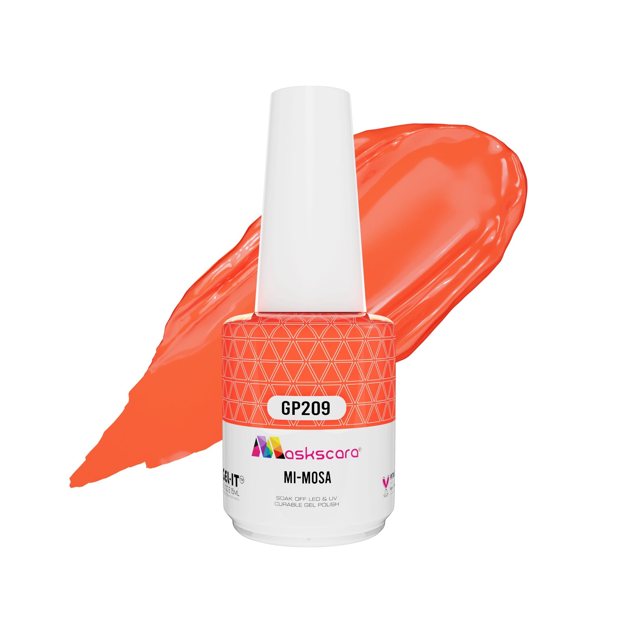 <img scr = “ GP209 Mi-Mosa.jpeg” alt = “Bright Coral gel polish colour by the brand Maskscara”>